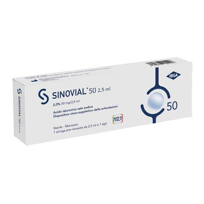 SIRINGA INTRA-ARTICOLARE SINOVIAL 50 ACIDO IALURONICO SALE SODICO 2% 50MG/2,5ML 2,5ML + AGO 21 GAUGE