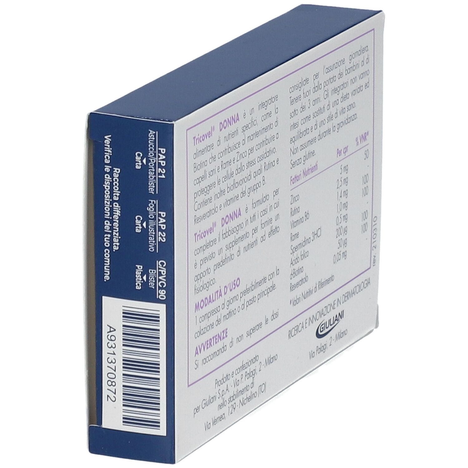 TRICOVEL DONNA INTEGRATORE ALIMENTARE CON NUTRIENTI SPECIFICI PER CAPELLI 30 COMPRESSE