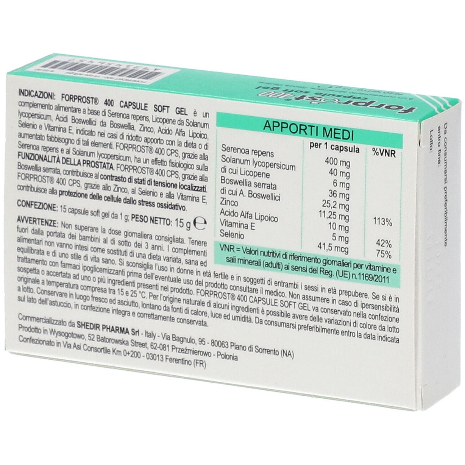 Integratore Forprost 400 per la prostata, 15 capsule molli