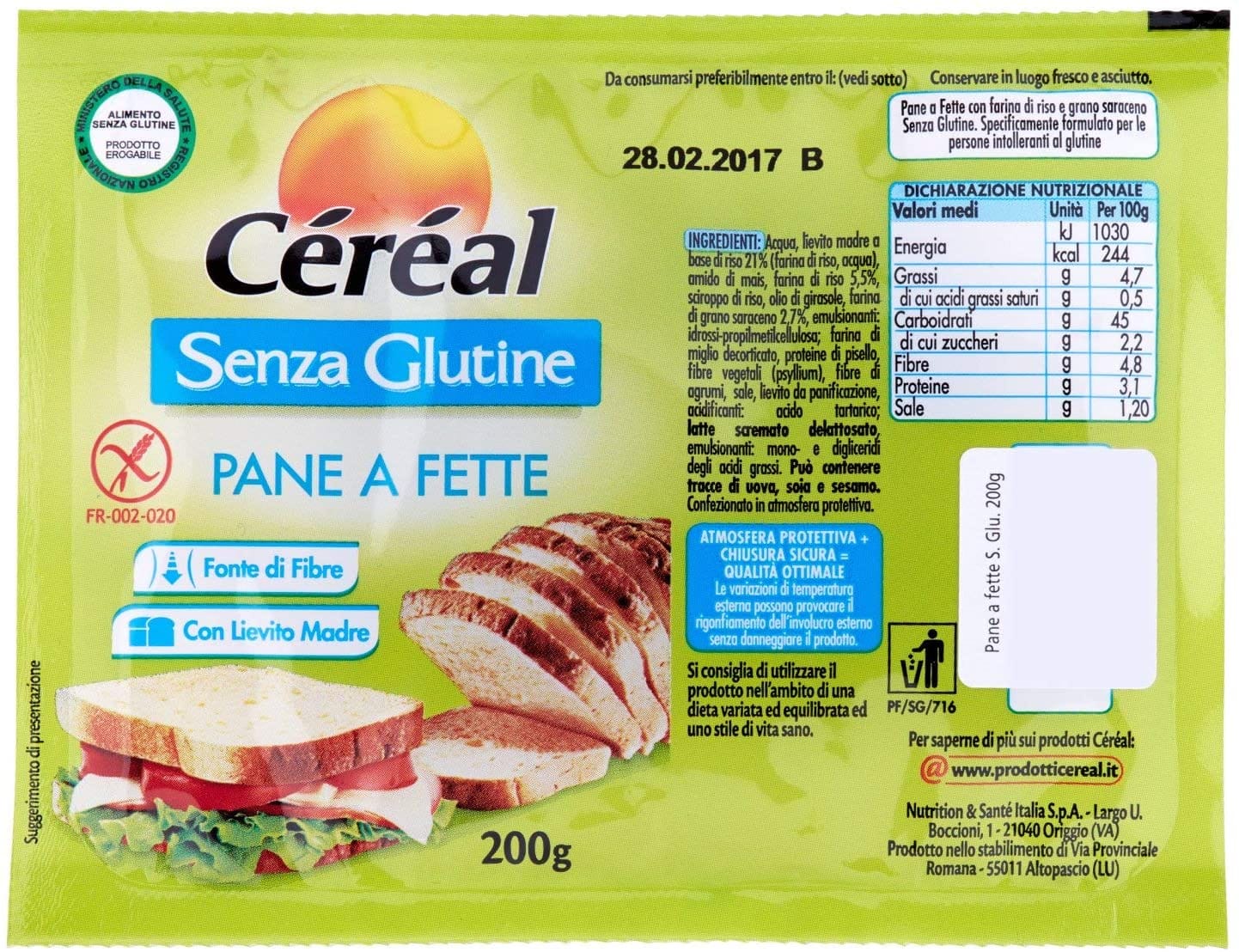 Pane a fette senza glutine Céréal, 200g per celiaci