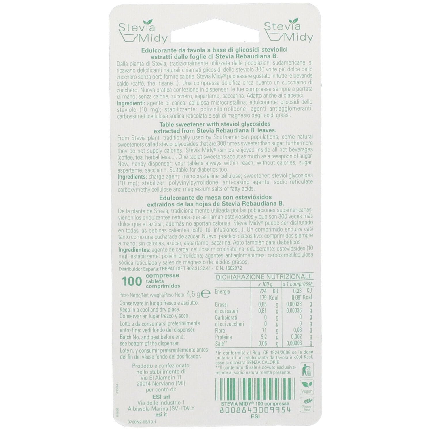 Dolcificante naturale ESI Stevia Midy, 100 compresse