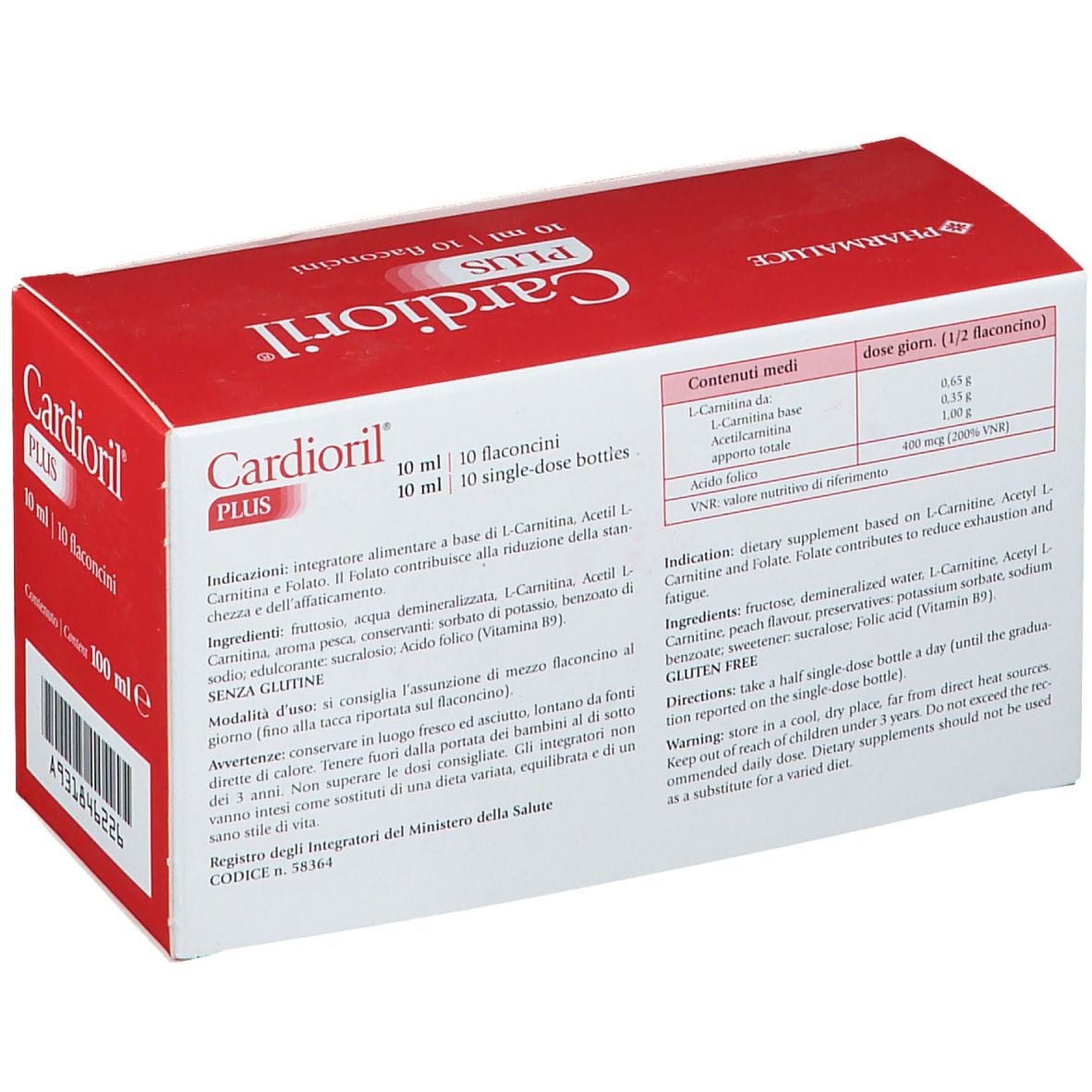 Integratore Cardioril PLUS con L-carnitina e Acido Folico, 10 flaconcini