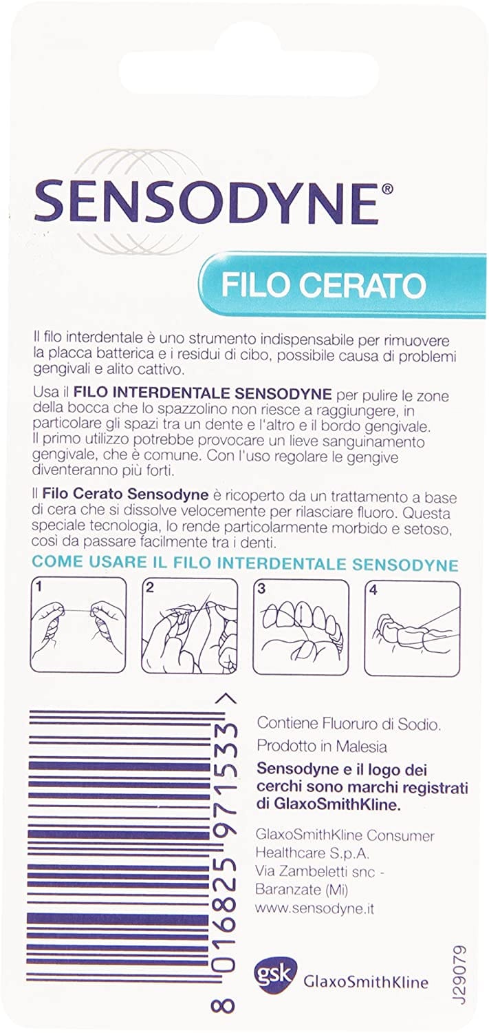 Filo interdentale cerato Sensodyne con fluoro, gusto menta