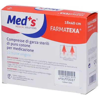 GARZA COMPRESSA MEDS FARMATEXA 12/8 18X40CM 12 PEZZI GARZA COMPRESSA MEDS FARMATEXA 12/8 18X40CM 12 PEZZI