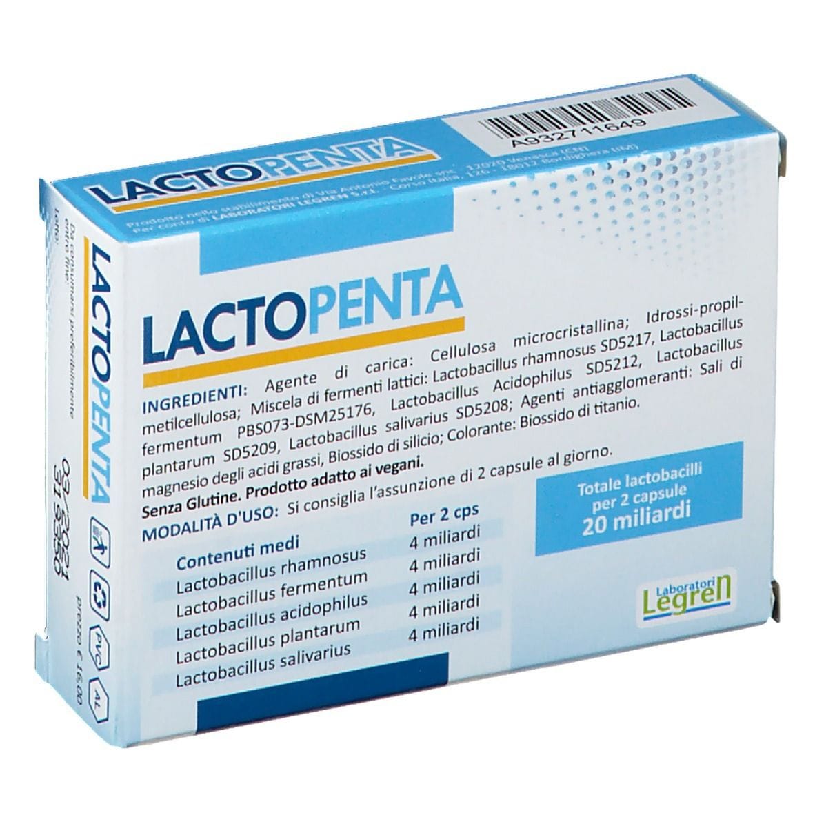 Integratore Lactopenta Legren per la flora batterica, 20 capsule