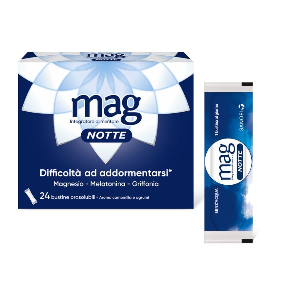 Mag Notte con Melatonina, Magnesio, Griffonia per Dormire Bene, Favorire il Rilassamento e Qualità del Sonno, 24 bst