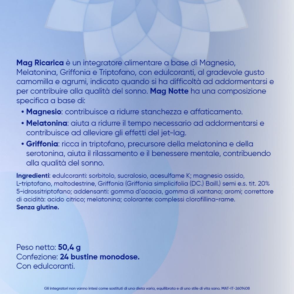 Mag Notte con Melatonina, Magnesio, Griffonia per Dormire Bene, Favorire il Rilassamento e Qualità del Sonno, 24 bst