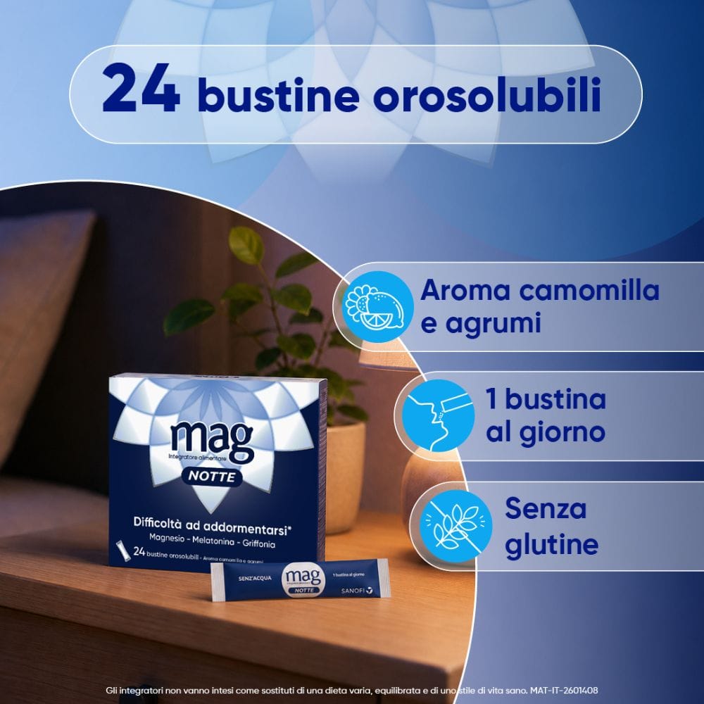 Mag Notte con Melatonina, Magnesio, Griffonia per Dormire Bene, Favorire il Rilassamento e Qualità del Sonno, 24 bst