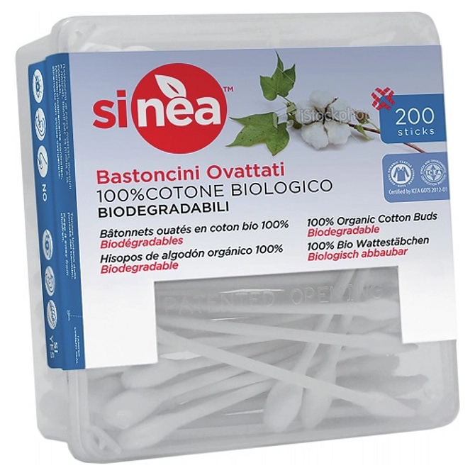 Sinea Bastoncini Ovattati 100% Cotone Biologico Biodegradabile 200 Pezzi
