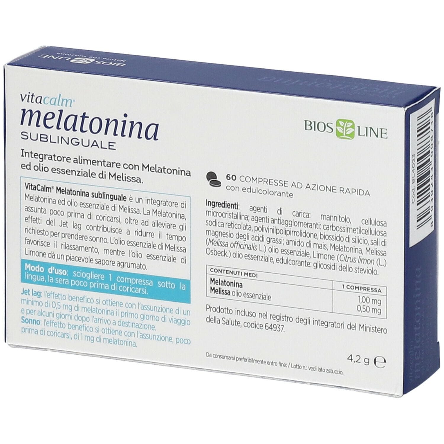 BIOS LINE VITACALM MELATONINA SUBLINGUALE 60 COMPRESSE 1 MG