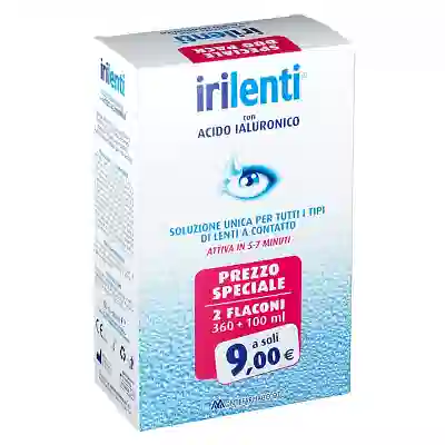 SOLUZIONE UNICA PER LENTI A CONTATTO IRILENTI CON ACIDO IALURONICO 2 FLACONI DA 360 ML + 100 ML