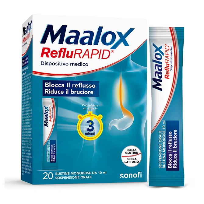 Maalox Reflurapid 20 Bustine, Maalox Reflusso, Senza Lattosio, Senza Glutine