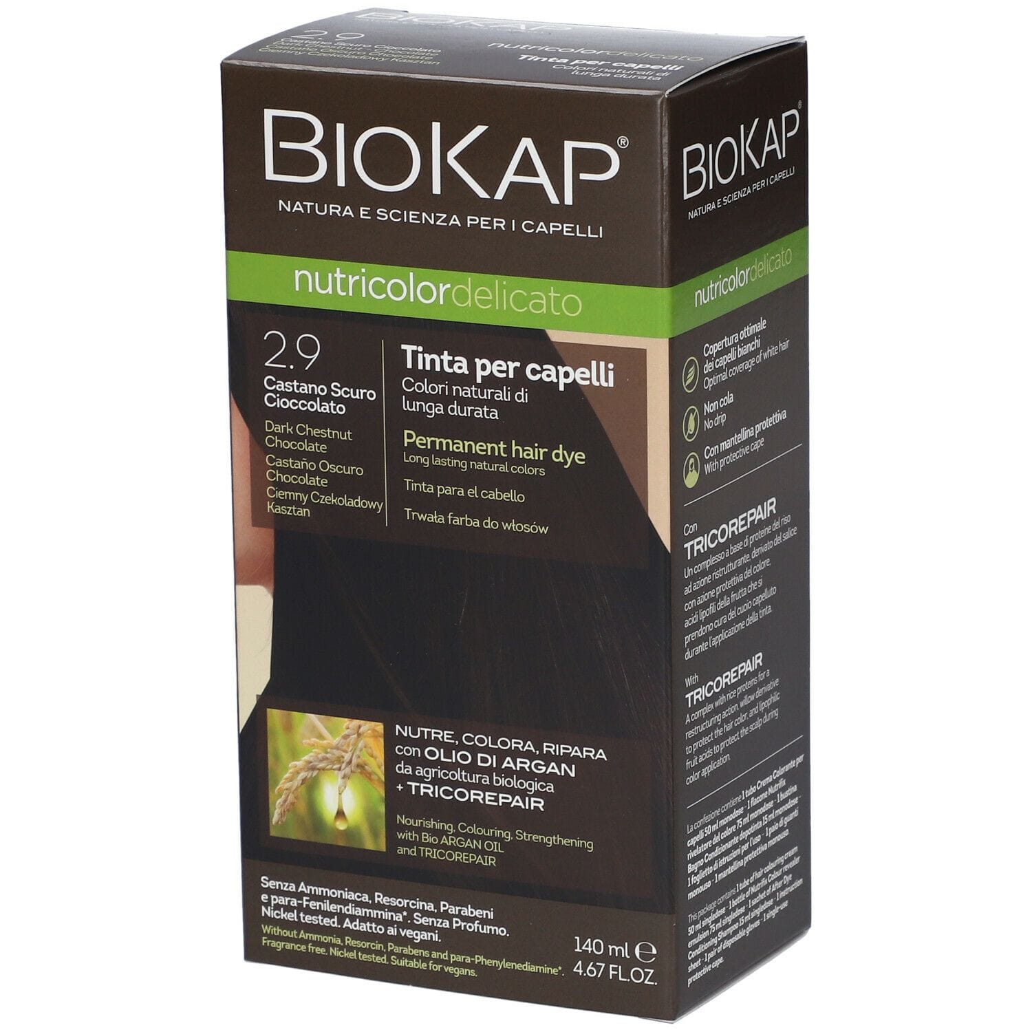 BIOKAP NUTRICOLOR DELICATO 2,9 CASTANO SCURO CIOCCOLATO TINTA TUBO + FLACONE