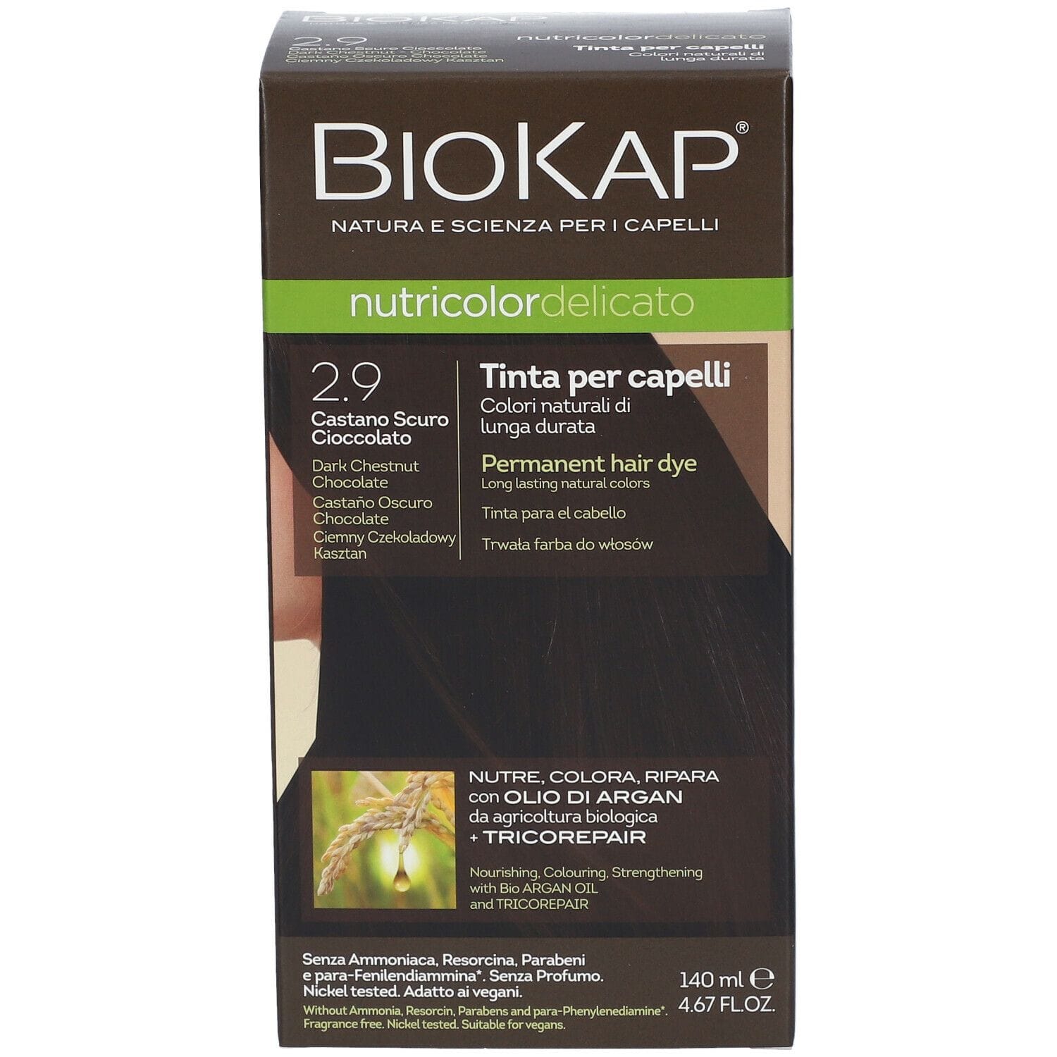 BIOKAP NUTRICOLOR DELICATO 2,9 CASTANO SCURO CIOCCOLATO TINTA TUBO + FLACONE