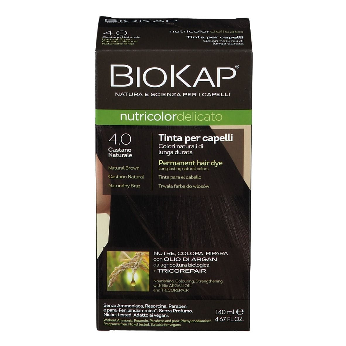 BIOKAP NUTRICOLOR DELICATO 4,00 CASTANO NATURALE TINTA TUBO + FLACONE