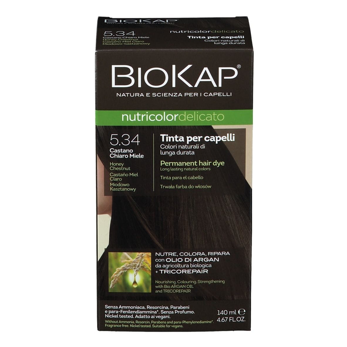 BIOKAP NUTRICOLOR DELICATO 5,34 CASTANO CHIARO MIELE TINTA TUBO + FLACONE