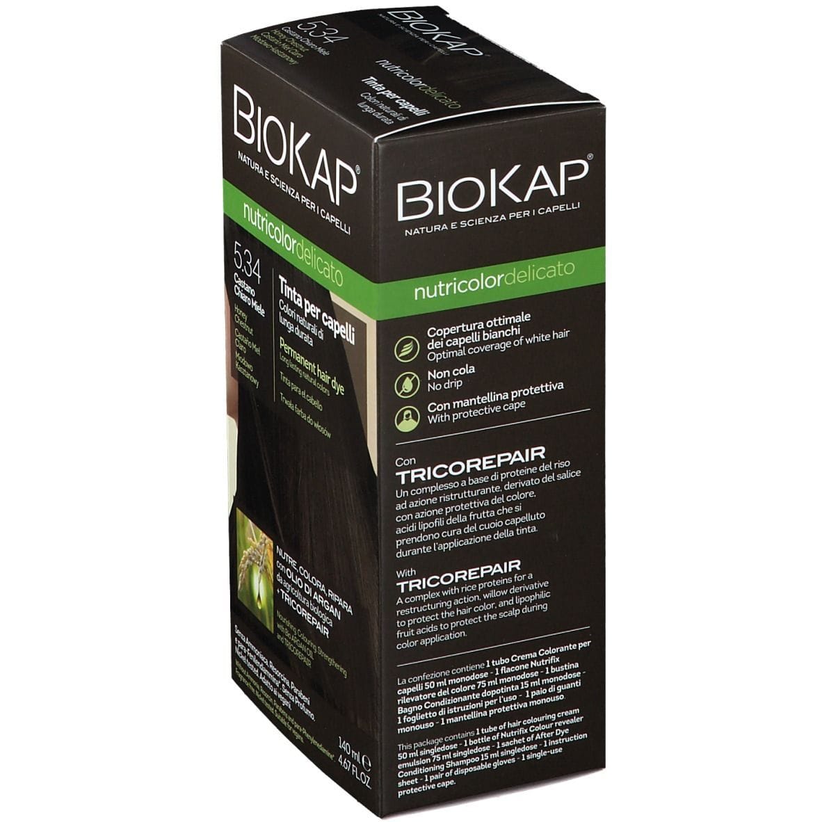 BIOKAP NUTRICOLOR DELICATO 5,34 CASTANO CHIARO MIELE TINTA TUBO + FLACONE