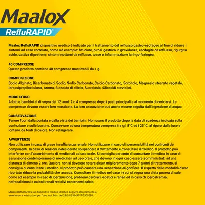 Maalox Reflurapid blocca il reflusso, neutralizza il bruciore da iperacidità, 40 Compresse Maalox Reflurapid blocca il reflusso, neutralizza il bruciore da iperacidità, 40 Compresse