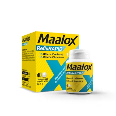 Maalox Reflurapid blocca il reflusso, neutralizza il bruciore da iperacidità, 40 Compresse Maalox Reflurapid blocca il reflusso, neutralizza il bruciore da iperacidità, 40 Compresse