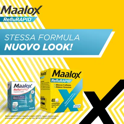 Maalox Reflurapid blocca il reflusso, neutralizza il bruciore da iperacidità, 40 Compresse Maalox Reflurapid blocca il reflusso, neutralizza il bruciore da iperacidità, 40 Compresse