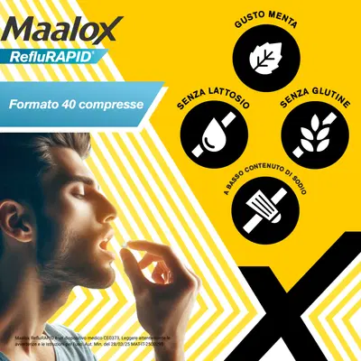 Maalox Reflurapid blocca il reflusso, neutralizza il bruciore da iperacidità, 40 Compresse Maalox Reflurapid blocca il reflusso, neutralizza il bruciore da iperacidità, 40 Compresse