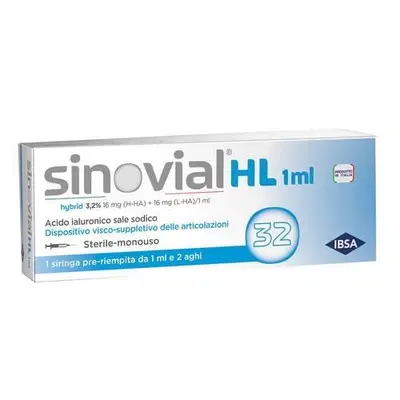 SIRINGA INTRA-ARTICOLARE SINOVIAL HL 32 ACIDO IALURONICO SALE SODICO 16MG H-HA + 16MG H-LA/1ML + AGO 22 GAUGE + AGO 29 GAUGE SIRINGA INTRA-ARTICOLARE SINOVIAL HL 32 ACIDO IALURONICO SALE SODICO 16MG H-HA + 16MG H-LA/1ML + AGO 22 GAUGE + AGO 29 GAUGE