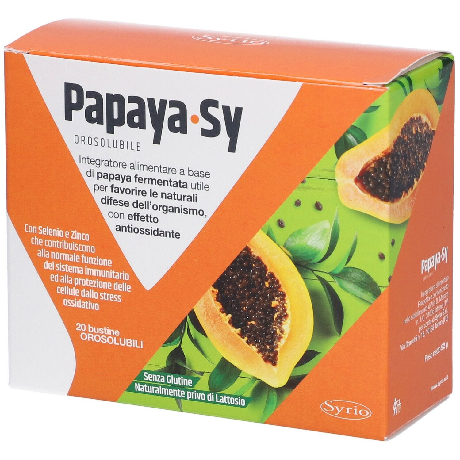 PAPAYA-SY 20 BUSTINE OROSOLUBILI SENZA GLUTINE NATURALMENTE PRIVO DI LATTOSIO