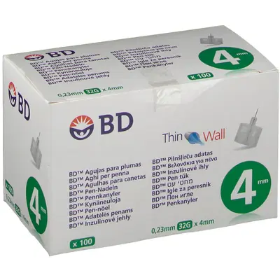 AGO PER PENNA DA INSULINA THINWALL BD GAUGE 32 LUNGHEZZA 4 M100 PEZZI AGO PER PENNA DA INSULINA THINWALL BD GAUGE 32 LUNGHEZZA 4 M100 PEZZI