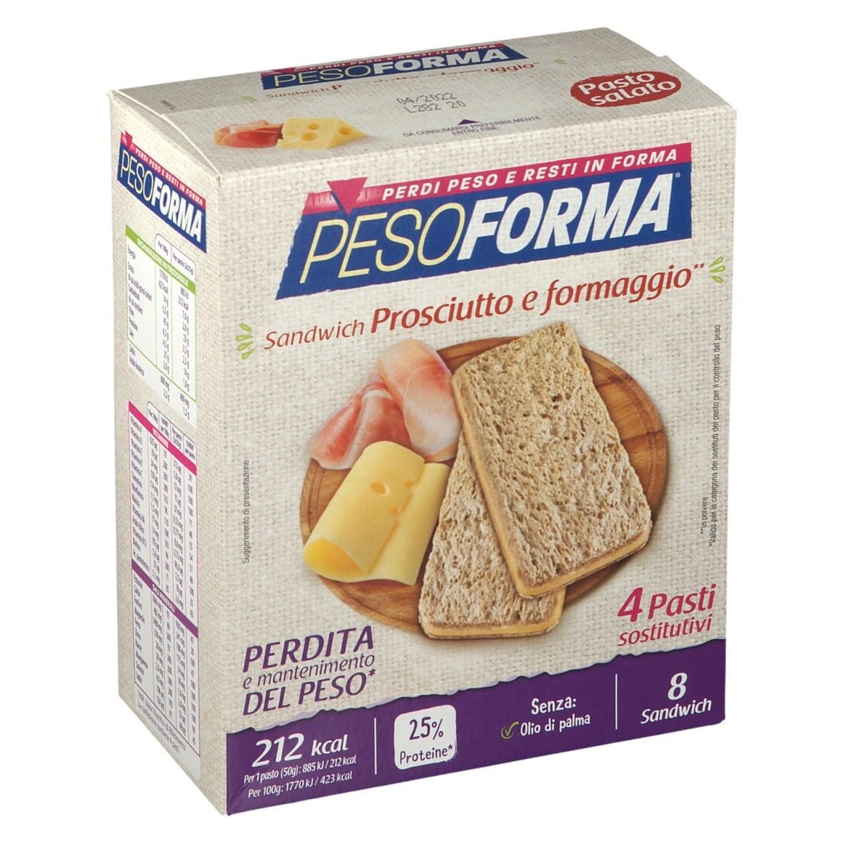 Pesoforma Sandwich Prosciutto/Formaggio 4 Pasti 8 Pezzi X 25 G
