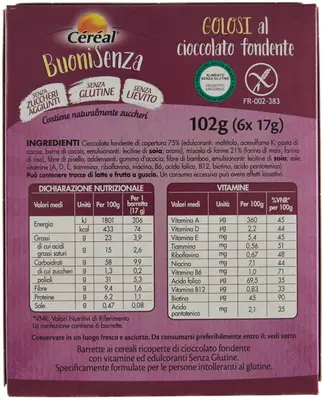 CEREAL BUONI SENZA GOLOSI CIOCCOLATO FONDENTE 6 X 17 G CEREAL BUONI SENZA GOLOSI CIOCCOLATO FONDENTE 6 X 17 G