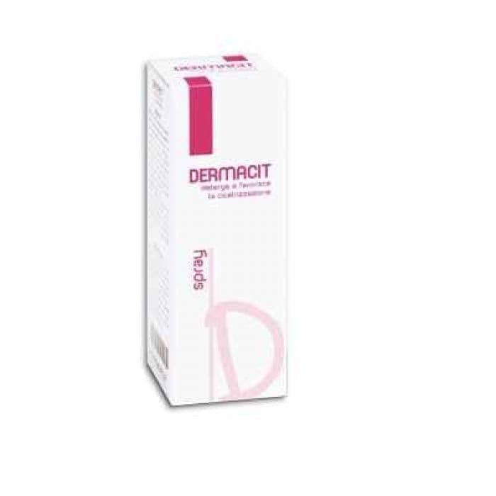 DERMACIT SPRAY FLACONE CILINDRICO IN PE BIANCO CON TASTO EROGATORE SPRAY IN PP BIANCO E CAPPUCCIO SALVATASTO TRASPARENTE,DISPOSITIVO MEDICO 1 PZ