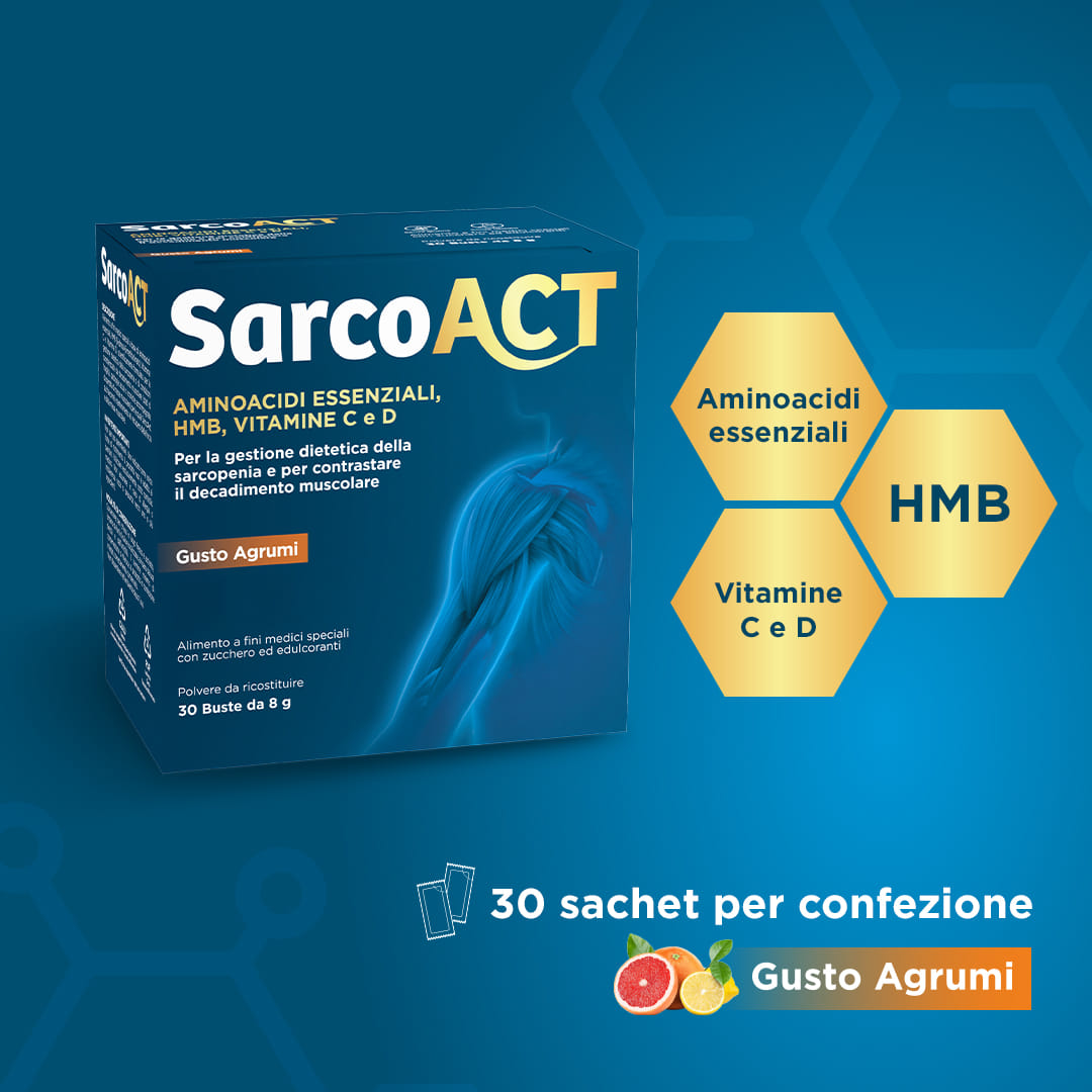 SarcoAct - Amminoacidi essenziali, HMB, Vitamine C e D. Per la gestione dietetica della sarcopenia e per contrastare il decadimento muscolare. 