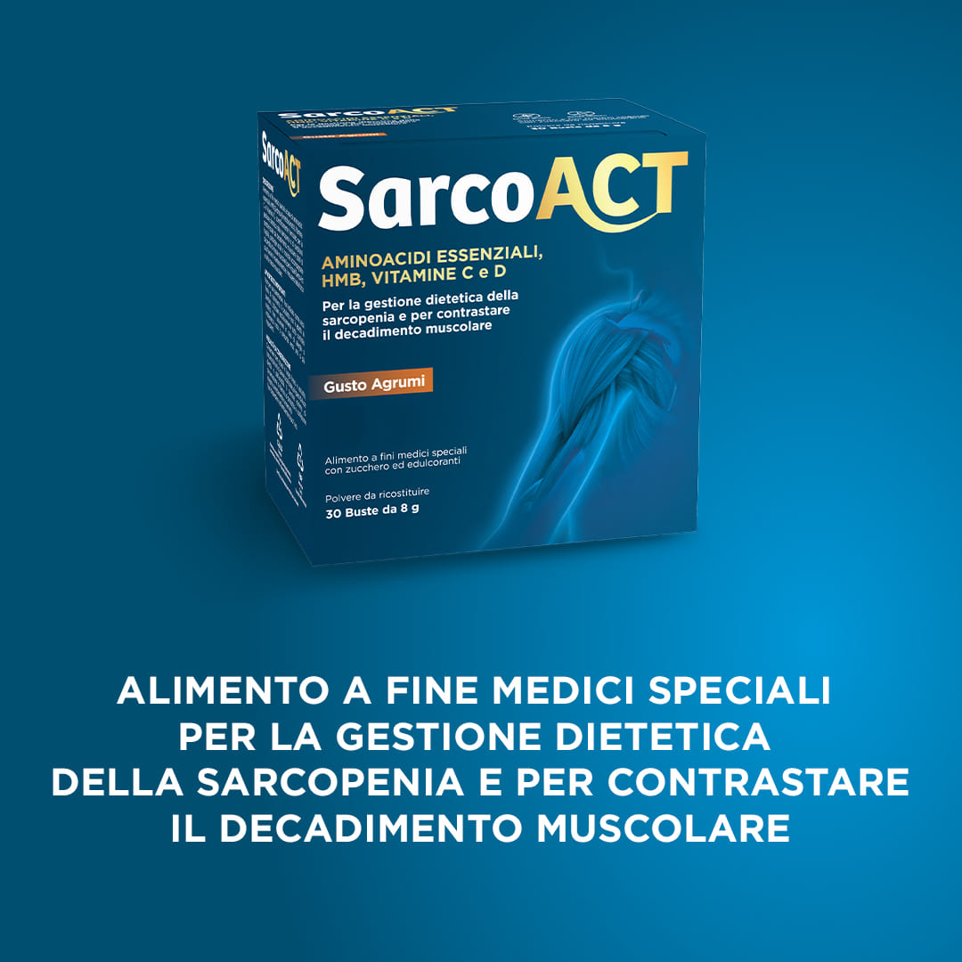 SarcoAct - Amminoacidi essenziali, HMB, Vitamine C e D. Per la gestione dietetica della sarcopenia e per contrastare il decadimento muscolare. 