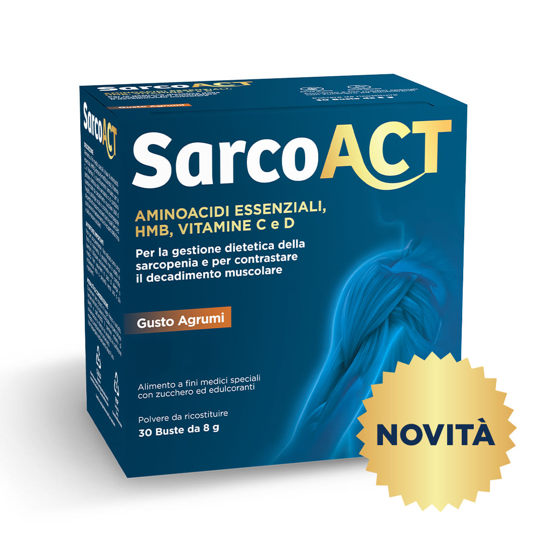 SarcoAct - Amminoacidi essenziali, HMB, Vitamine C e D. Per la gestione dietetica della sarcopenia e per contrastare il decadimento muscolare. 