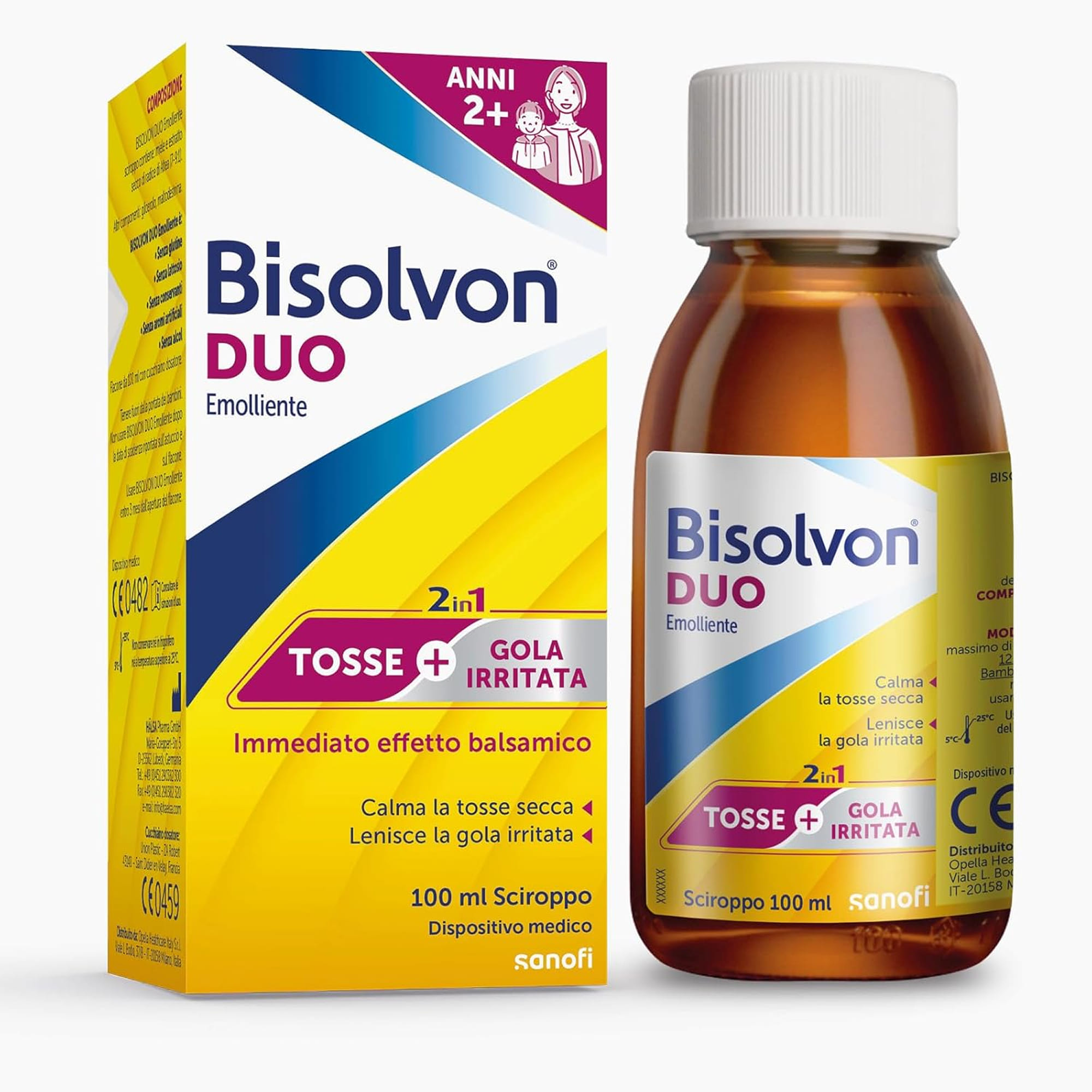 Bisolvon Duo Emolliente Sciroppo Contro Tosse e Gola Irritata, Adulti e Bambini 2+ (100 ml) 