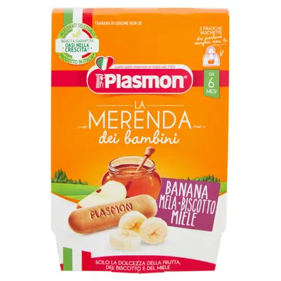 PLASMON LA MERENDA DEI BAMBINI MERENDE BANANA MELA BISCOTTO MIELE ASETTICO 2 X 120 G PLASMON LA MERENDA DEI BAMBINI MERENDE BANANA MELA BISCOTTO MIELE ASETTICO 2 X 120 G