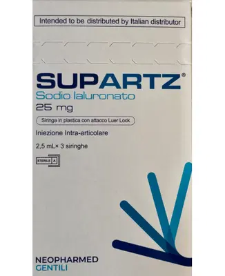 SIRINGA PRERIEMPITA INTRA-ARTICOLARE SUPARTZ ACIDO IALURONICO 25 MG 2,5 ML 3 PEZZI SIRINGA PRERIEMPITA INTRA-ARTICOLARE SUPARTZ ACIDO IALURONICO 25 MG 2,5 ML 3 PEZZI