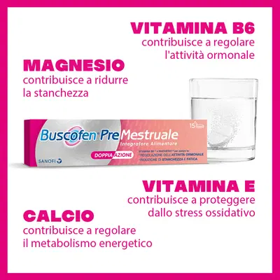 Buscofen Premestruale Integratore Alimentare, Magnesio, Vitamina B6, Vitamina E, Calcio, per i Giorni Prima Del Ciclo, 15 cpr eff. Buscofen Premestruale Integratore Alimentare, Magnesio, Vitamina B6, Vitamina E, Calcio, per i Giorni Prima Del Ciclo, 15 cpr eff.