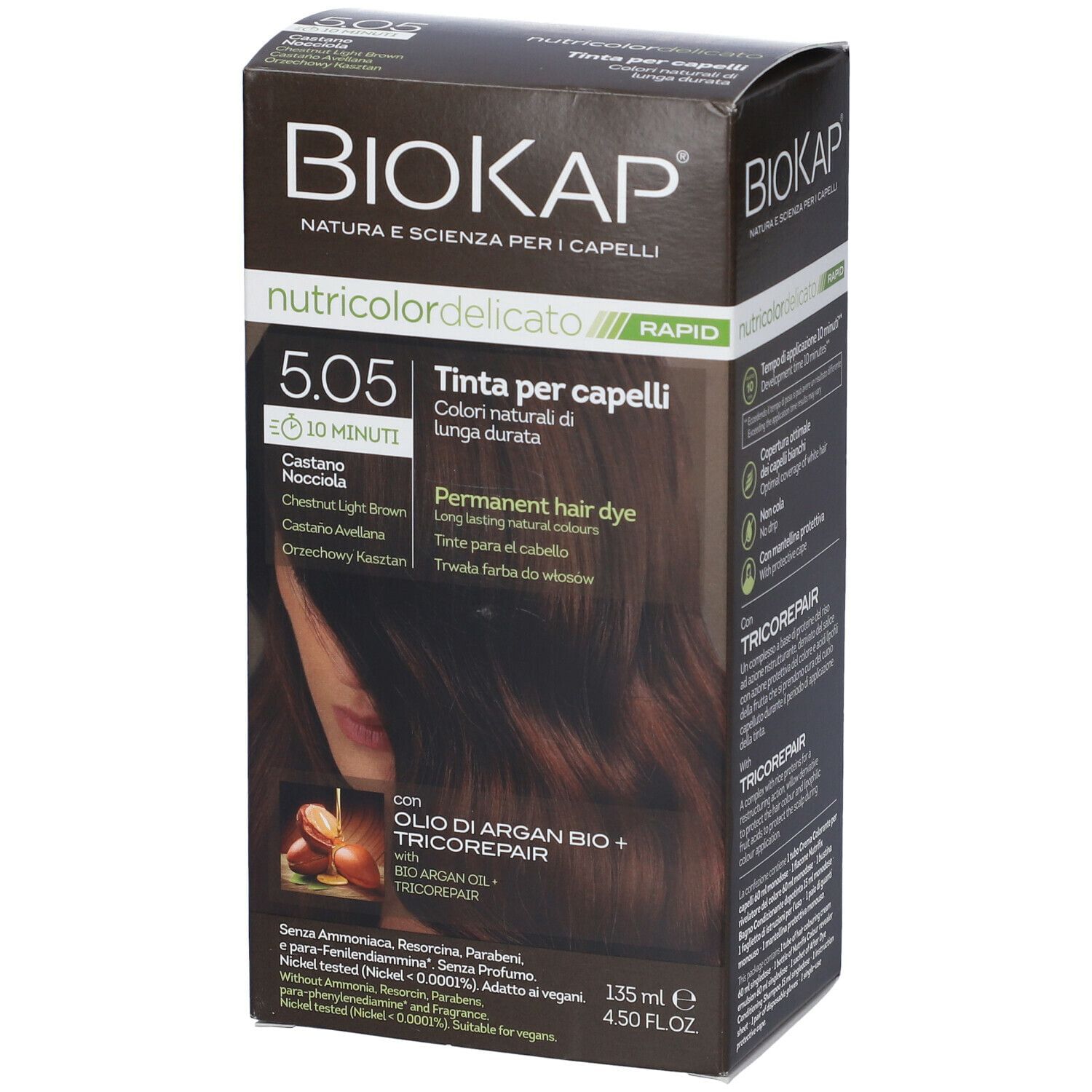 BIOKAP NUTRICOLOR DELICATO RAPID 5,05 CASTANO NOCCIOLA TINTA TUBO+FLACONE 135 ML BIOSLINE