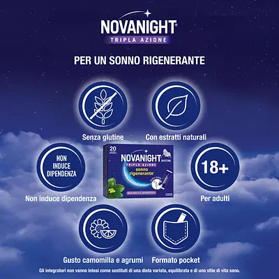NOVANIGHT Tripla Azione Bustine con Melatonina per Dormire, Magnesio, Griffonia, 20 Bustine Orosolubili NOVANIGHT Tripla Azione Bustine con Melatonina per Dormire, Magnesio, Griffonia, 20 Bustine Orosolubili