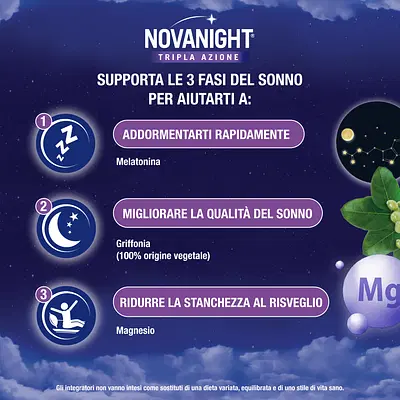 NOVANIGHT Tripla Azione Bustine con Melatonina per Dormire, Magnesio, Griffonia, 20 Bustine Orosolubili NOVANIGHT Tripla Azione Bustine con Melatonina per Dormire, Magnesio, Griffonia, 20 Bustine Orosolubili