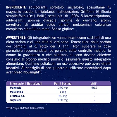 NOVANIGHT Tripla Azione Bustine con Melatonina per Dormire, Magnesio, Griffonia, 20 Bustine Orosolubili NOVANIGHT Tripla Azione Bustine con Melatonina per Dormire, Magnesio, Griffonia, 20 Bustine Orosolubili