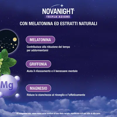 NOVANIGHT Tripla Azione Bustine con Melatonina per Dormire, Magnesio, Griffonia, 20 Bustine Orosolubili NOVANIGHT Tripla Azione Bustine con Melatonina per Dormire, Magnesio, Griffonia, 20 Bustine Orosolubili