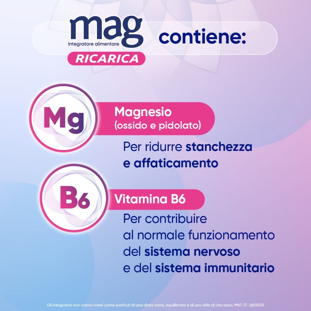 Mag Ricarica con Magnesio Pidolato, Magnesio Ossido, Vitamina B6 contro Stanchezza Mentale e Fisica, 24 bst