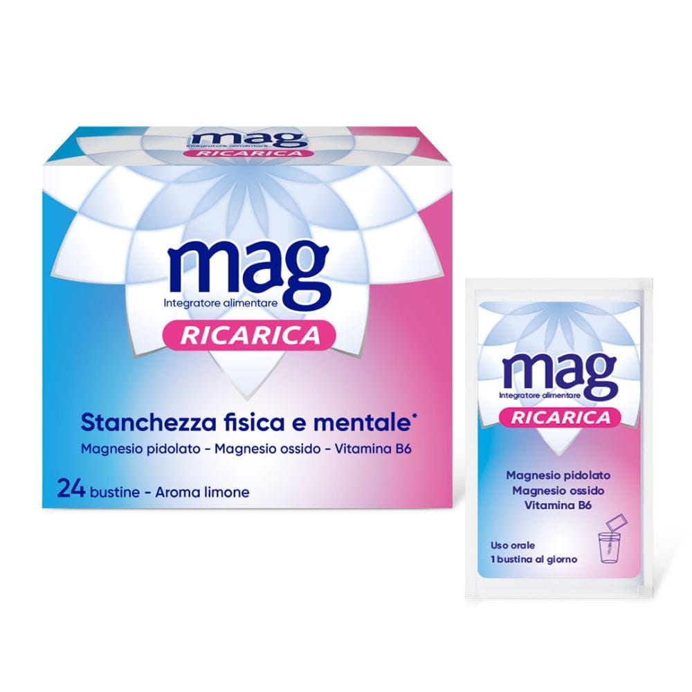 Mag Ricarica con Magnesio Pidolato, Magnesio Ossido, Vitamina B6 contro Stanchezza Mentale e Fisica, 24 bst