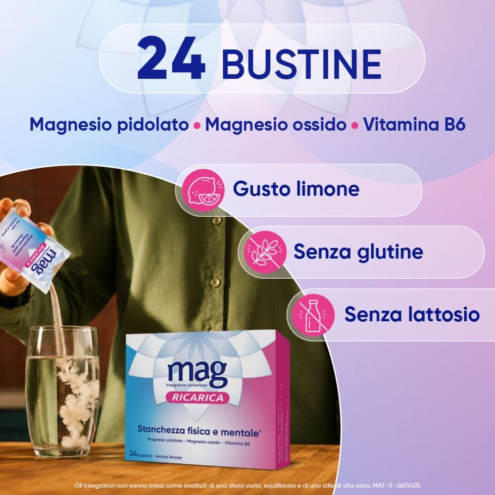 Mag Ricarica con Magnesio Pidolato, Magnesio Ossido, Vitamina B6 contro Stanchezza Mentale e Fisica, 24 bst