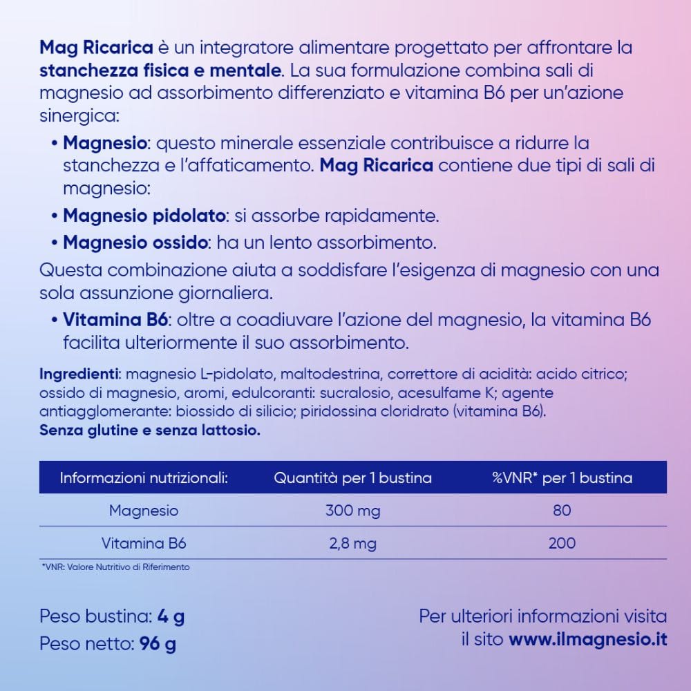 Mag Ricarica con Magnesio Pidolato, Magnesio Ossido, Vitamina B6 contro Stanchezza Mentale e Fisica, 24 bst