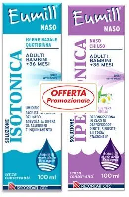 EUMILL NASO BIPACK SPRAY SOLUZIONE ISOTONICA 100 ML + SOLUZIONE IPERTONICA 100 ML EUMILL NASO BIPACK SPRAY SOLUZIONE ISOTONICA 100 ML + SOLUZIONE IPERTONICA 100 ML