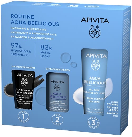 APIVITA PROMO AQUA BEELICIOUS OILFREE ROUTINE HYDRATING GEL-CREAM 40 ML + OMAGGI BLACK DETOX CLEANSING GEL 15 ML E AB PERFECTING&HYDRATING TONER 50 ML