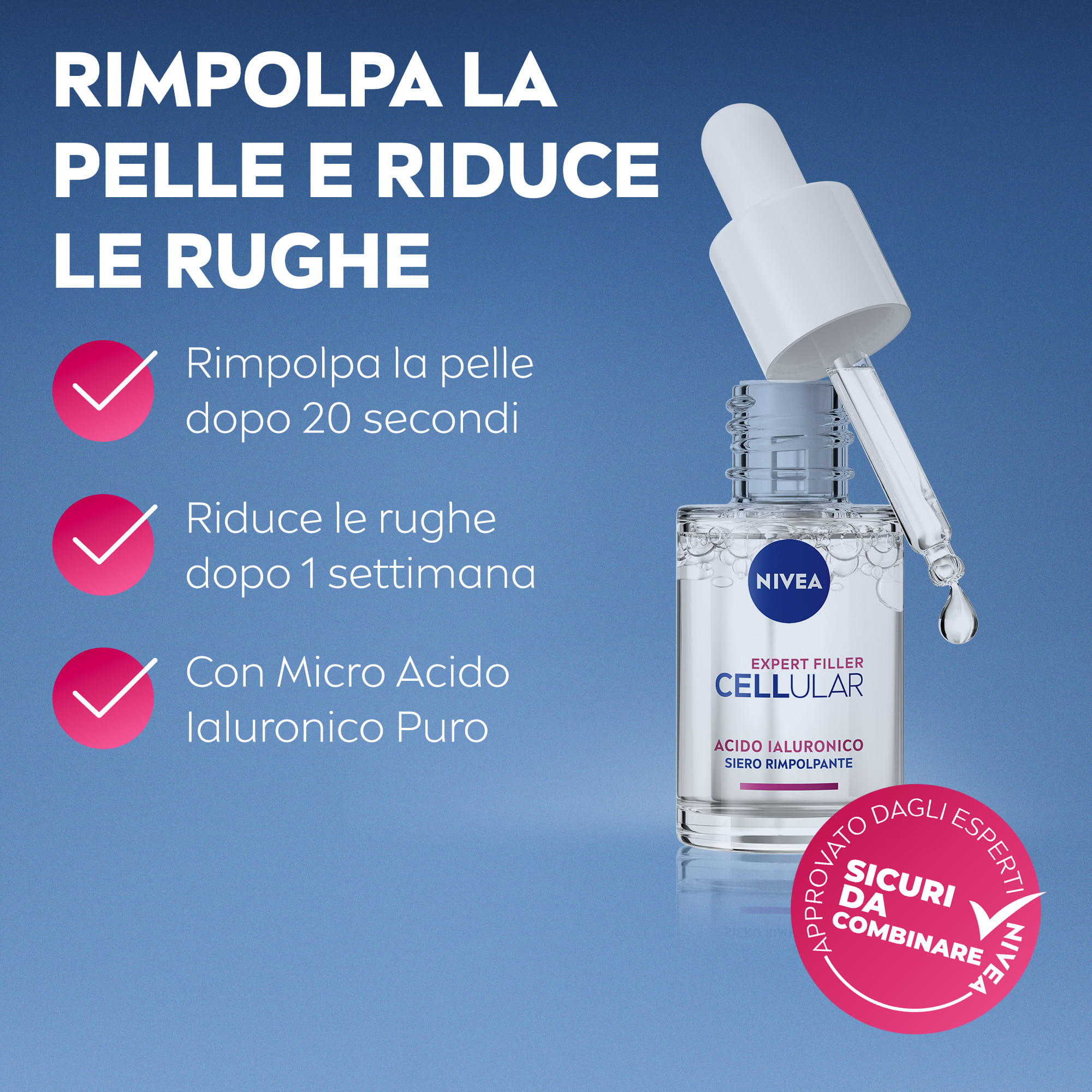 Nivea Cellular Expert Filler Siero Viso Acido Ialuronico Rimpolpante 15 ml, antirughe e rassodante